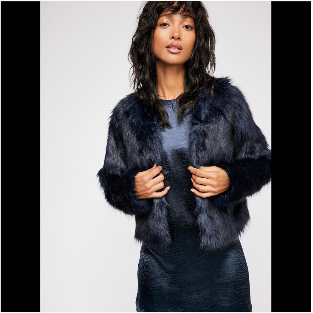 Free People Frankie Faux Fur Coat BLUE Sz S